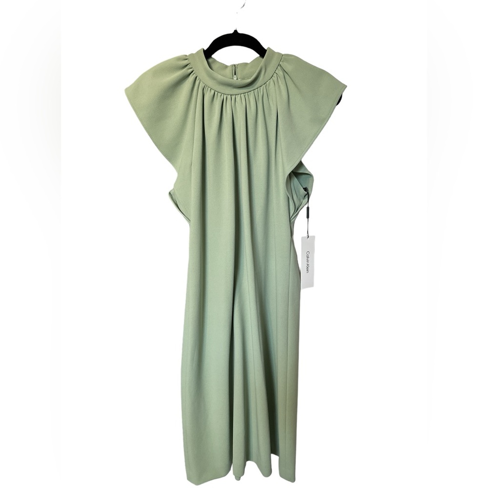 Calvin Klein Pleat Neck Shift Dress In Cypress Color- New With Tag- Reemoly